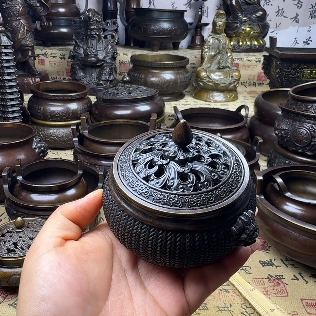 编织双狮耳熏香炉纯铜