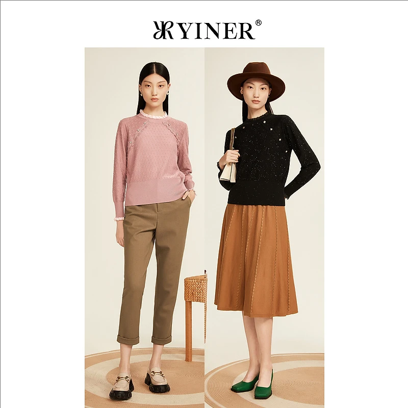 YINER音儿专选女装秋季蕾丝花边拼接提花针织衫套头上衣