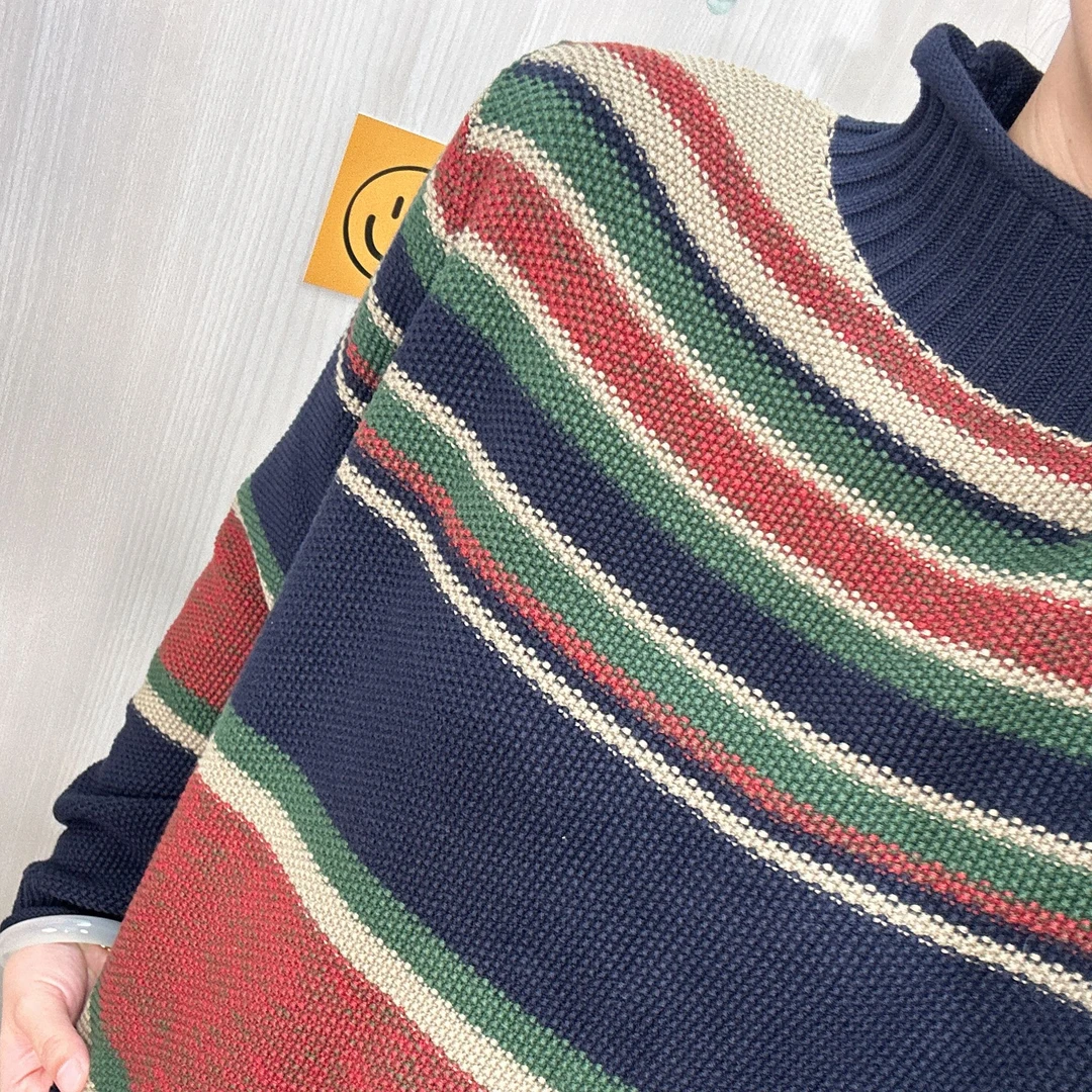 秋冬新款半高领拼色条纹针织衫女长袖百搭打底衫宽松慵懒风厚毛衣