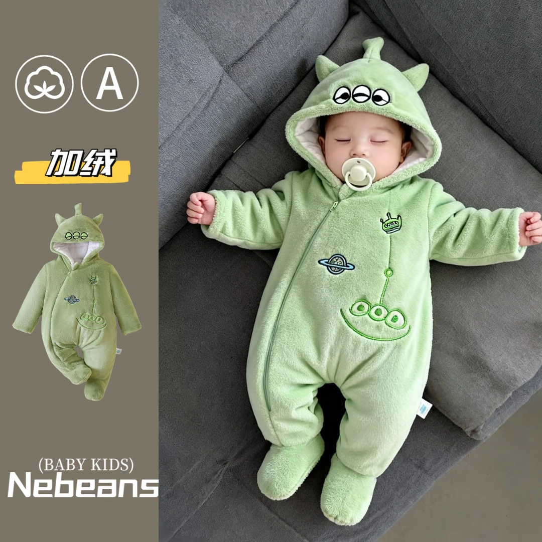 加厚包手+连脚0-2岁男女宝厚款冬天可爱保暖哈衣爬爬服卡通外出服