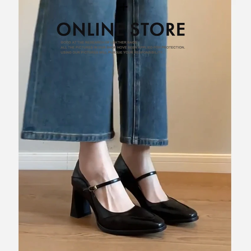 不累脚~真皮法式高跟玛丽珍鞋女黑色2025春季一字扣粗跟方头单鞋