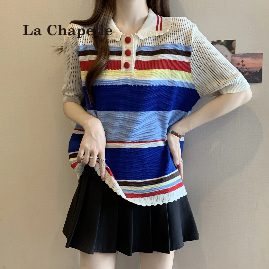 拉夏贝尔大码polo领彩色条纹短袖T恤女2025夏季宽松显瘦正肩上衣