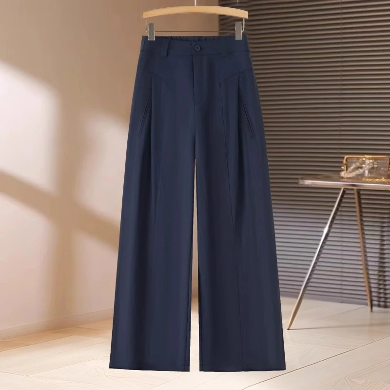 藏蓝色亚麻阔腿裤女夏薄款2025新款小个子宽松风琴裤八分棉麻裤子