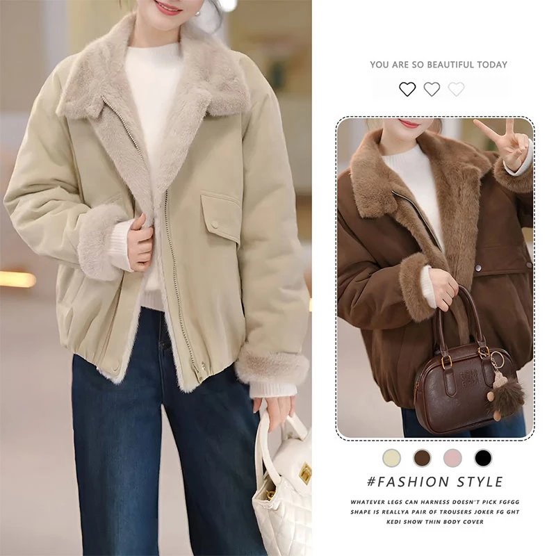 2025新款韩系美拉德复古咖色短款外套女秋冬加厚短款拼接毛毛上衣