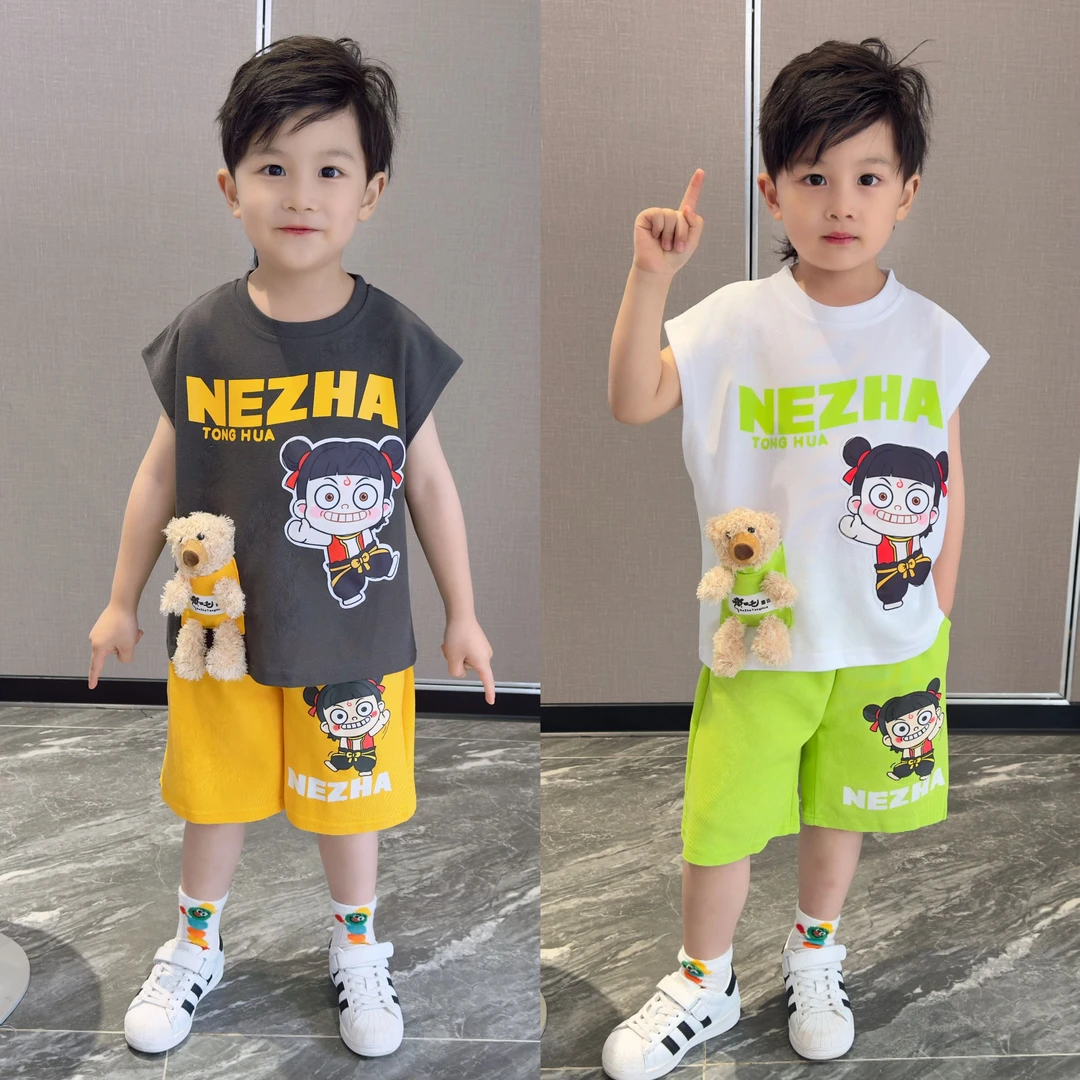 哪吒儿童衣服2025新款男童夏套装时尚小男孩薄款背心宝宝无袖夏装