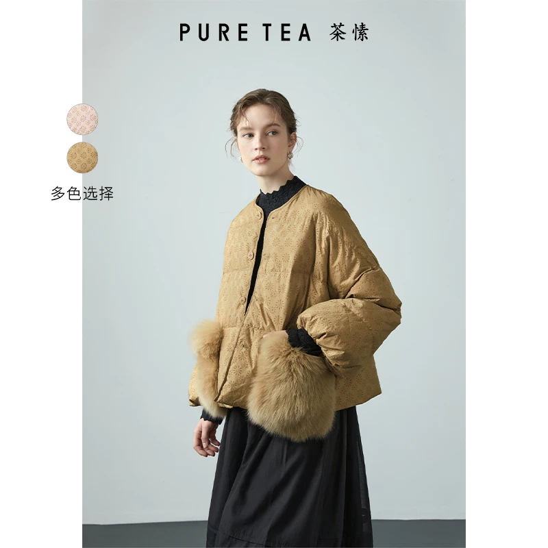 PURE TEA/茶·愫短款狐狸毛皮口袋鸭绒羽绒冬季KF0701C41