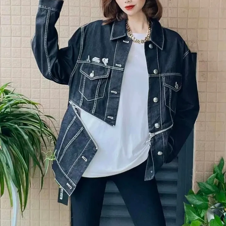 不退换 春时尚休闲百搭复古黑色宽松显瘦剪刀牛仔外套1400598