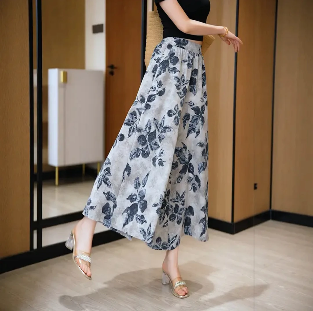 【赠送运费险】复古印花冰丝裙裤女垂感显瘦松紧大码