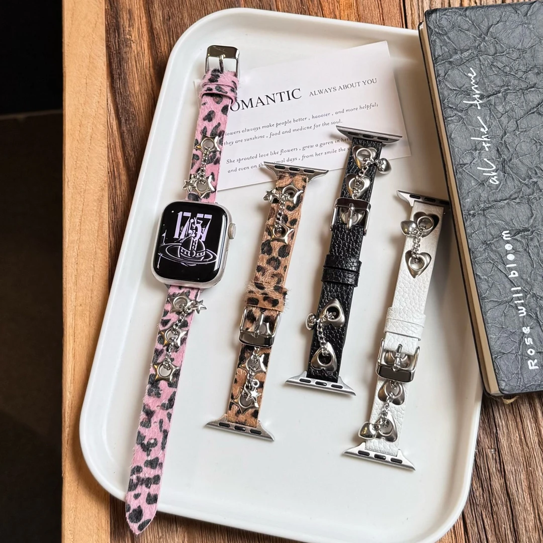 适用苹果S11华为小米10/9甜酷朋克风iWatch豹纹GT5皮质fit4手表带