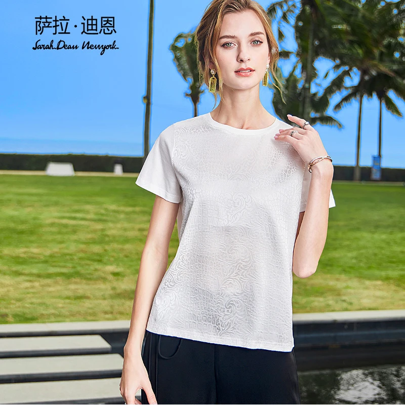 【萨拉迪恩】夏季休闲透气t恤打底桑蚕丝提花上衣拼接棉女装上衣