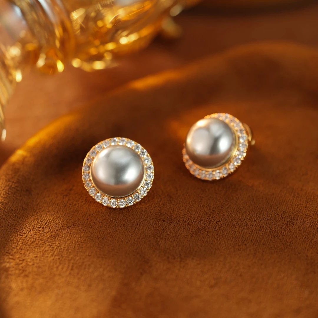 合金仿珍珠耳饰 法式银灰色水滴几何满锆圆形仿珍珠耳钉