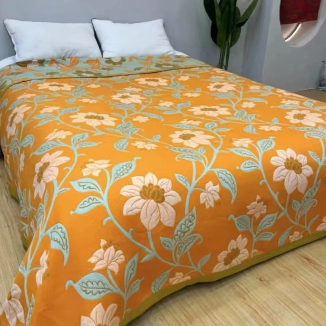 【黄色藤恋花床盖230×250cm】～多层天柔丝床盖加厚床单大床多功能