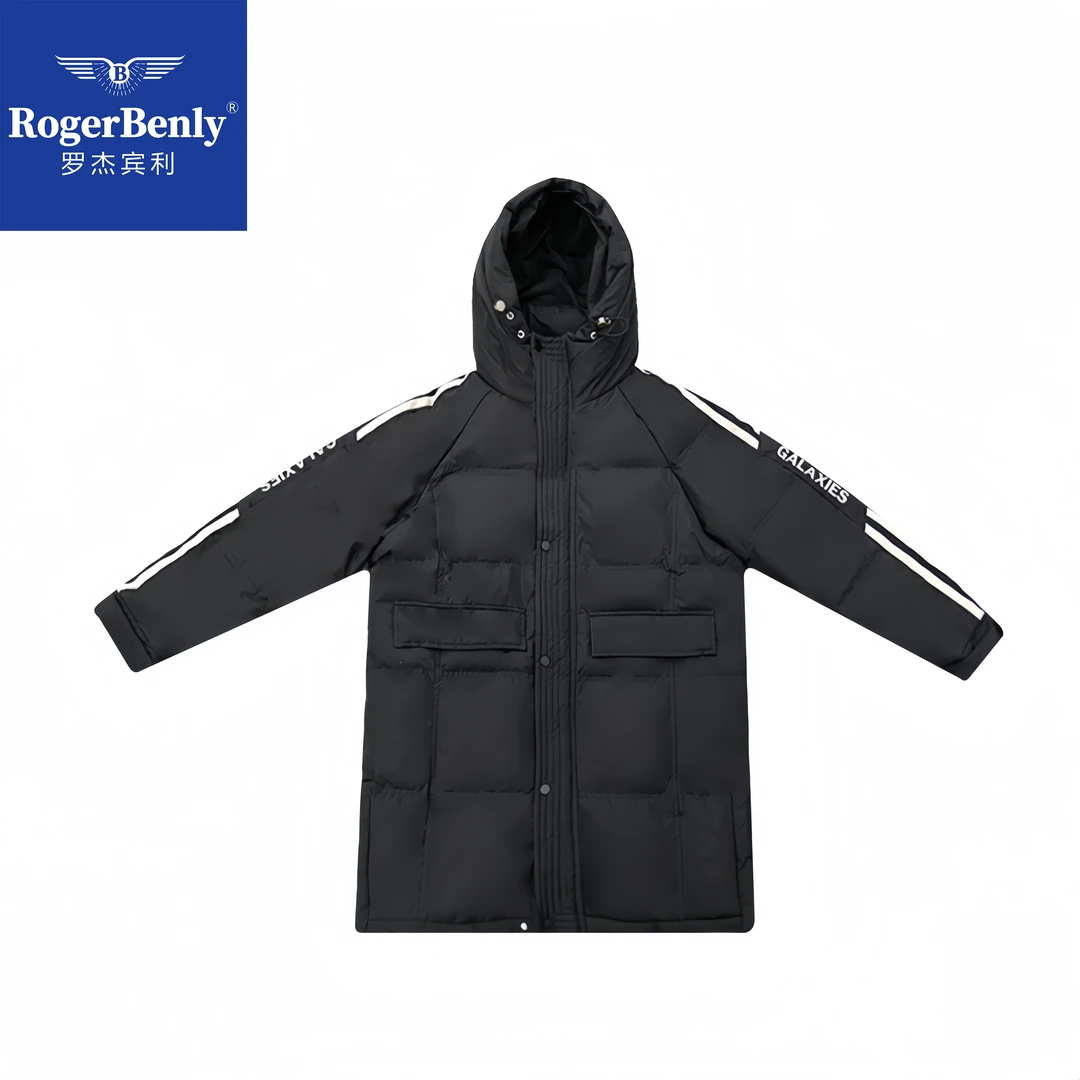 罗杰宾利加厚连帽羽绒服中长款条纹百搭男外套冬季866668