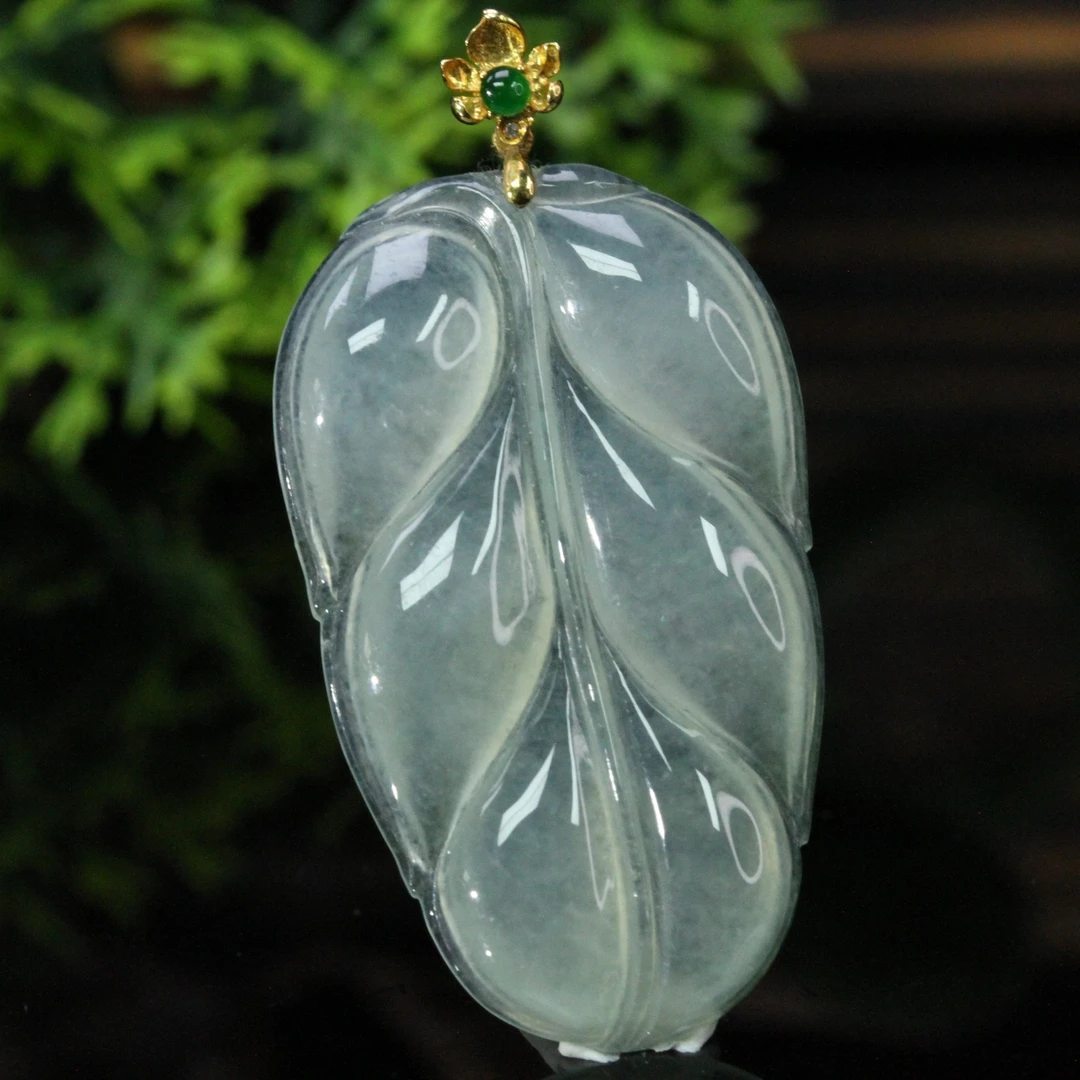天然缅甸翡翠18K金镶冰种事业有成叶子吊坠/1228026/拍卖