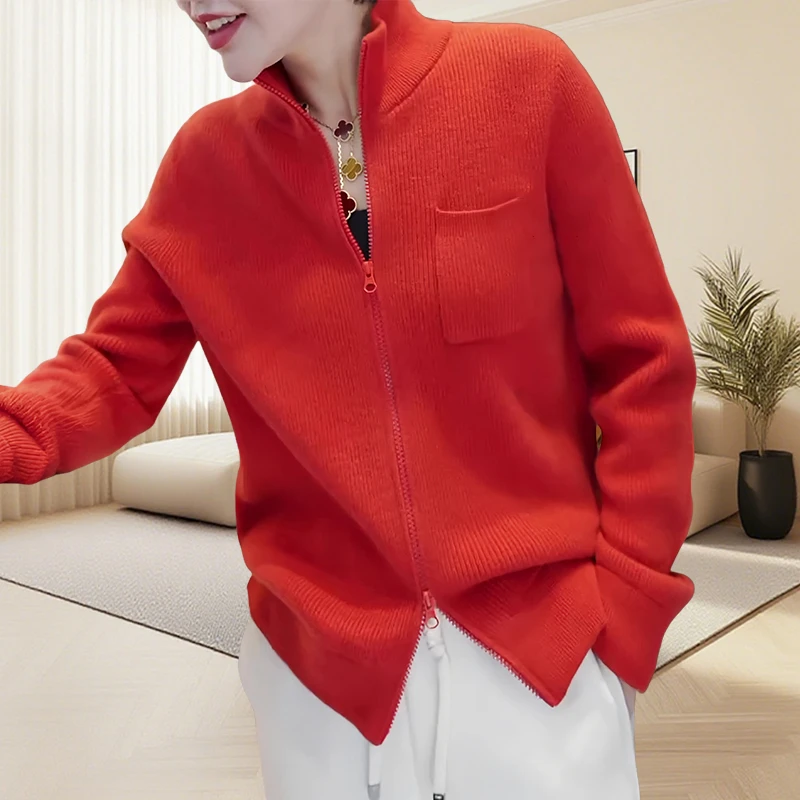 时尚洋气欧美风橘色显白毛衣外套秋冬新款双拉链长袖立领针织衫