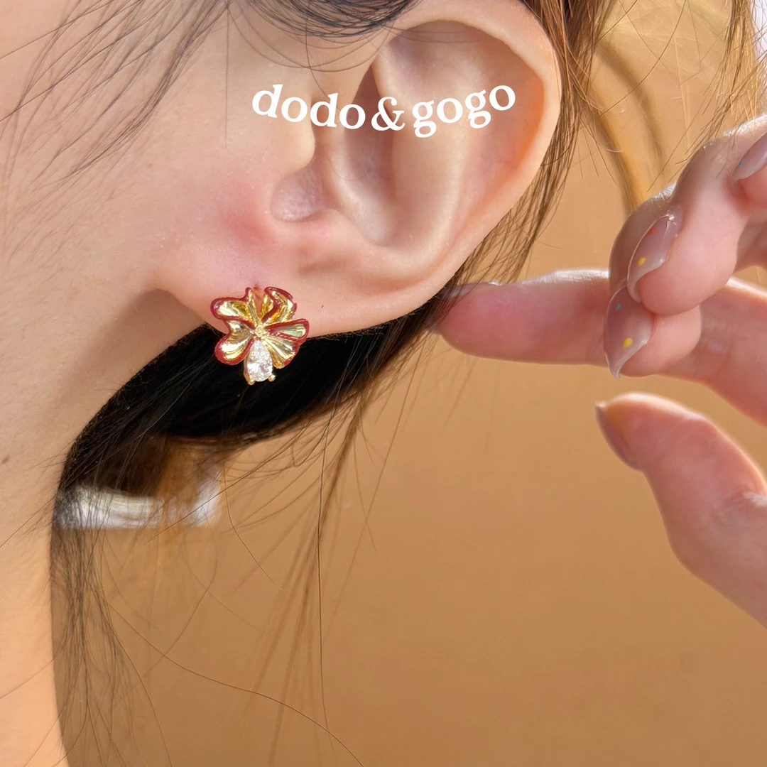 DODOGOGO 合金合成锆石耳饰 红边花朵耳钉气质时尚百搭精致耳环女