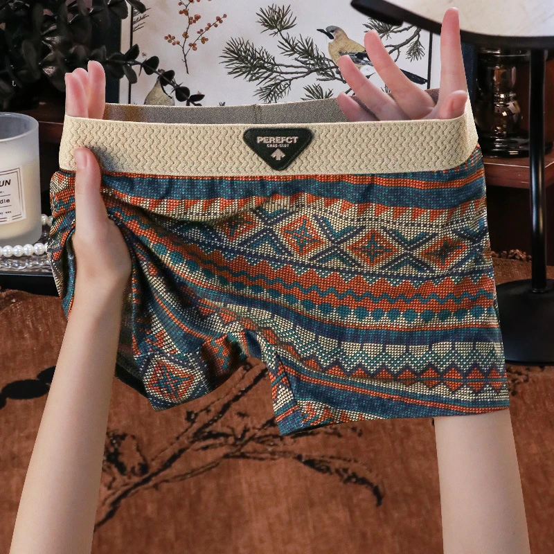 民族风女士平角内裤防走光裤瑜伽内裤复古棉质中腰平角透气安全裤