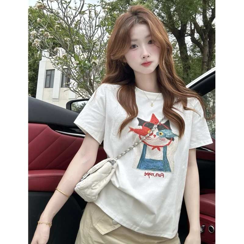 韩系小猫印花短袖t恤女2025爆款宽松设计感圆领白色上衣chic休闲