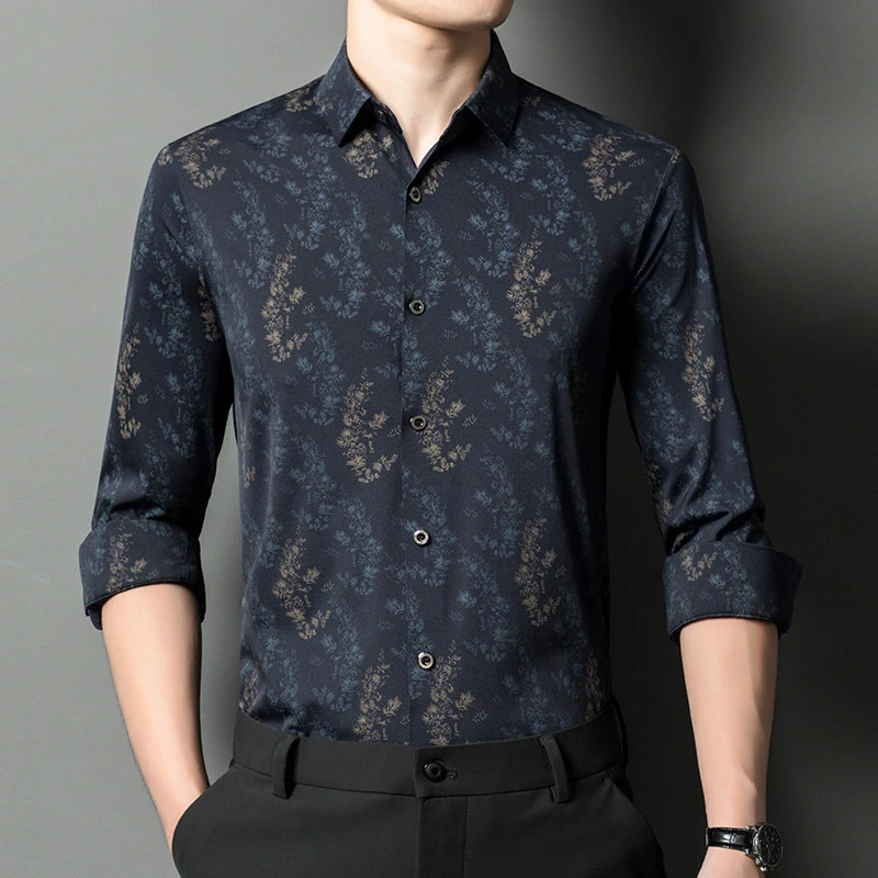 衬衫男士衬衣长袖休闲薄款商务印花春秋高档时尚夏季中年宽松修身