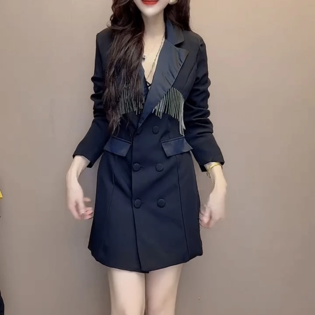 气质显瘦轻奢时尚双排扣收腰中长款西服连衣裙洋气百搭