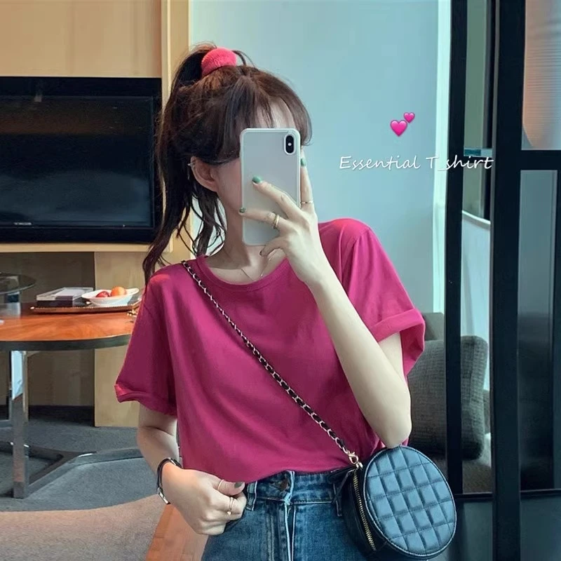 火龙果色短袖T恤女2025年夏季新款宽松树莓色正肩韩版百搭T恤