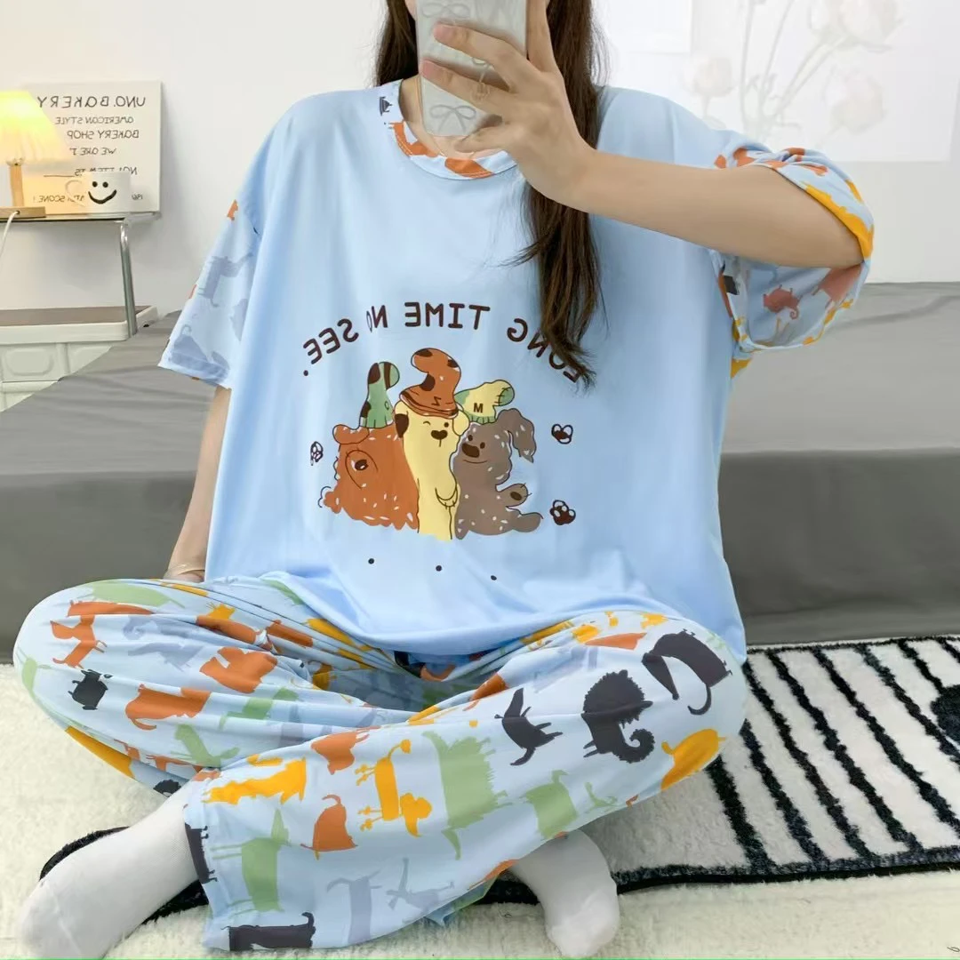 莱卡棉加肥加大情侣款睡衣女新款短袖长裤棉质甜美可爱四季家居服