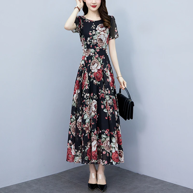 夏季新款雪纺碎花连衣裙大码胖mm收腰显瘦遮肚长裙