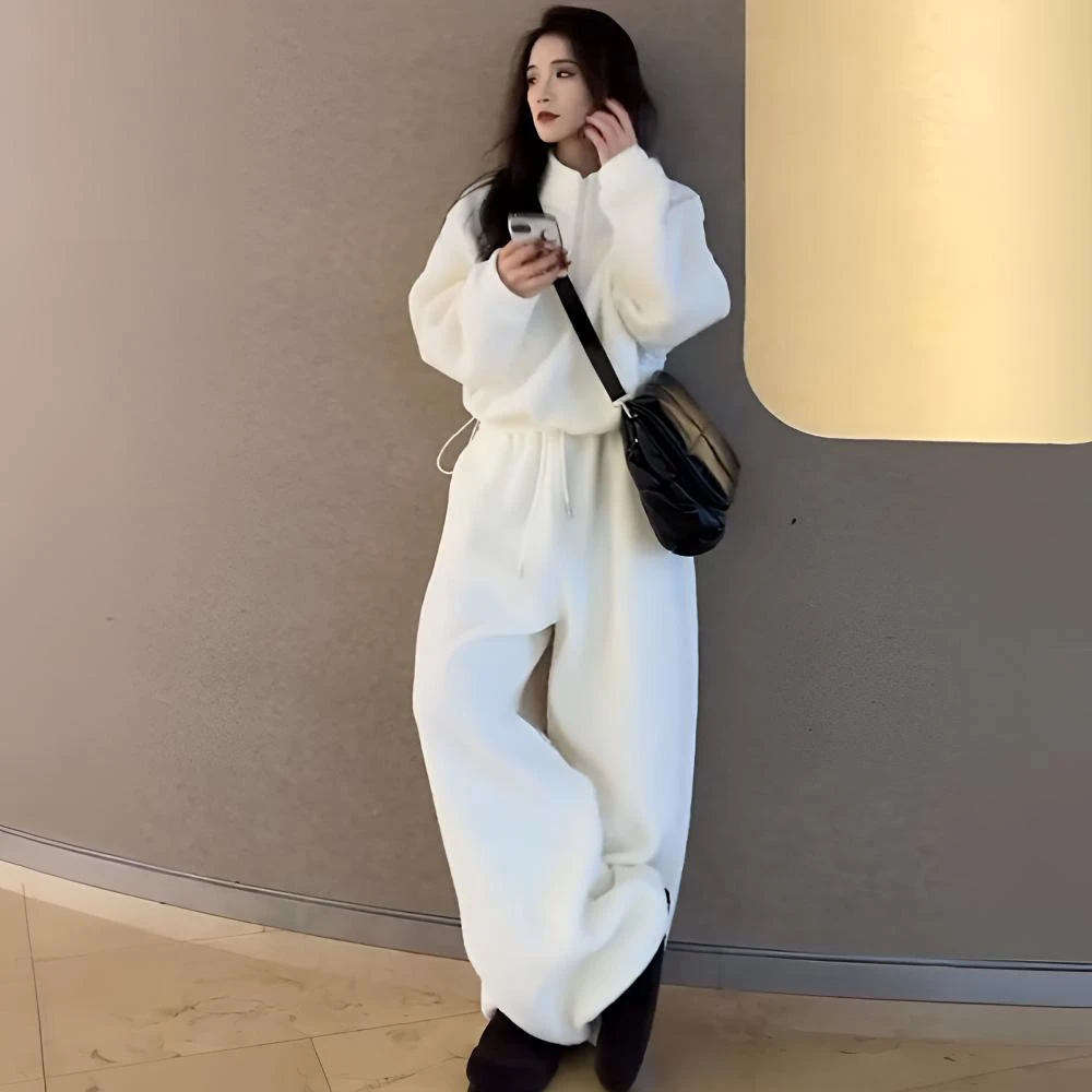 运动休闲简约风卫衣套装女2025新款蓝色短款立领外套阔腿裤两件套