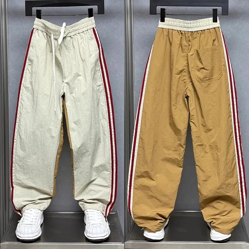 夏季薄款前后撞色织带拼接大码运动休闲卫裤男女款松紧腰直简长裤