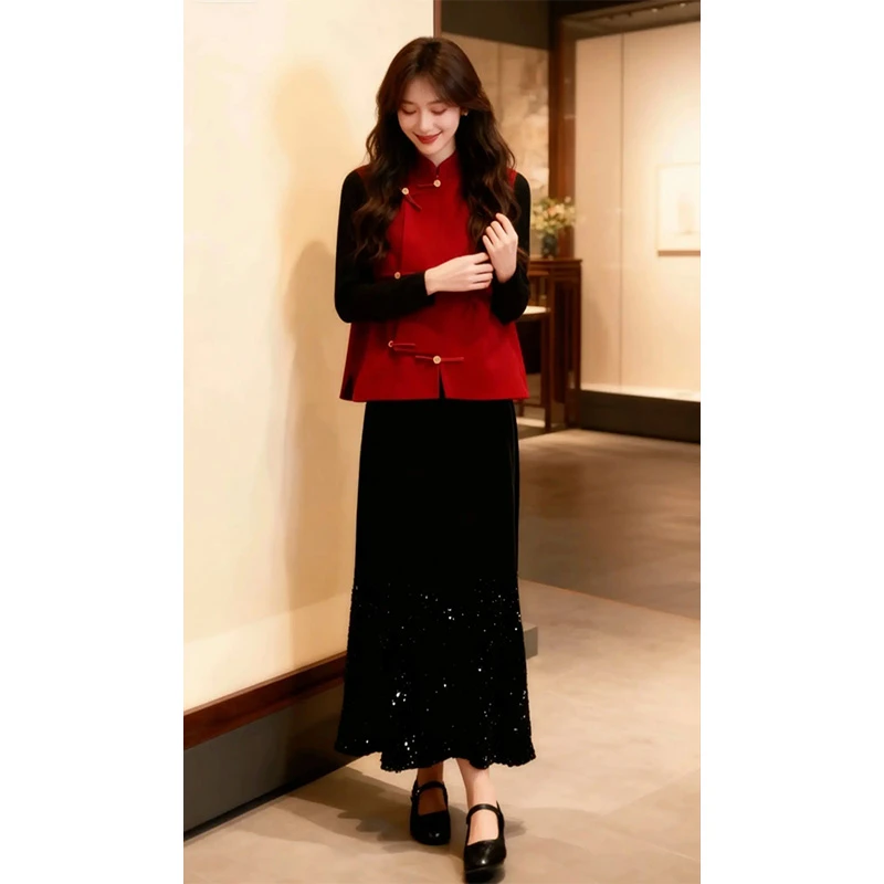 新中式女装中国风轻奢高级感穿搭一整套红色马甲套装2025秋冬新款