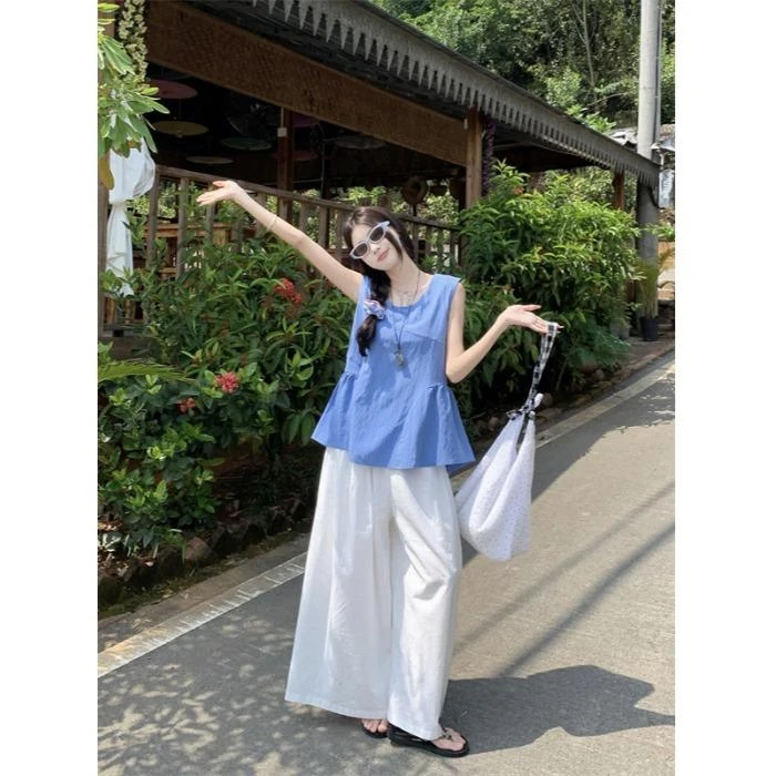 2025新款休闲套装褶皱纯色无袖背心女夏季垂感阔腿裤拖地裤两件套