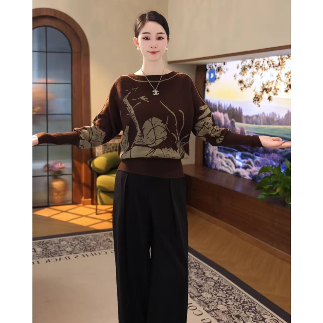 2025秋冬新款【QQ-1263JR】含绵毛提花设计感棕色软糯针织衫毛衣