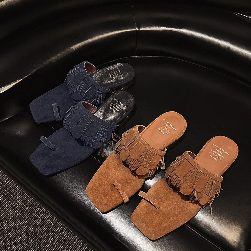 悦熹/3cm/夏季时尚百搭休闲度假风真皮流苏小众设计套趾凉拖鞋女