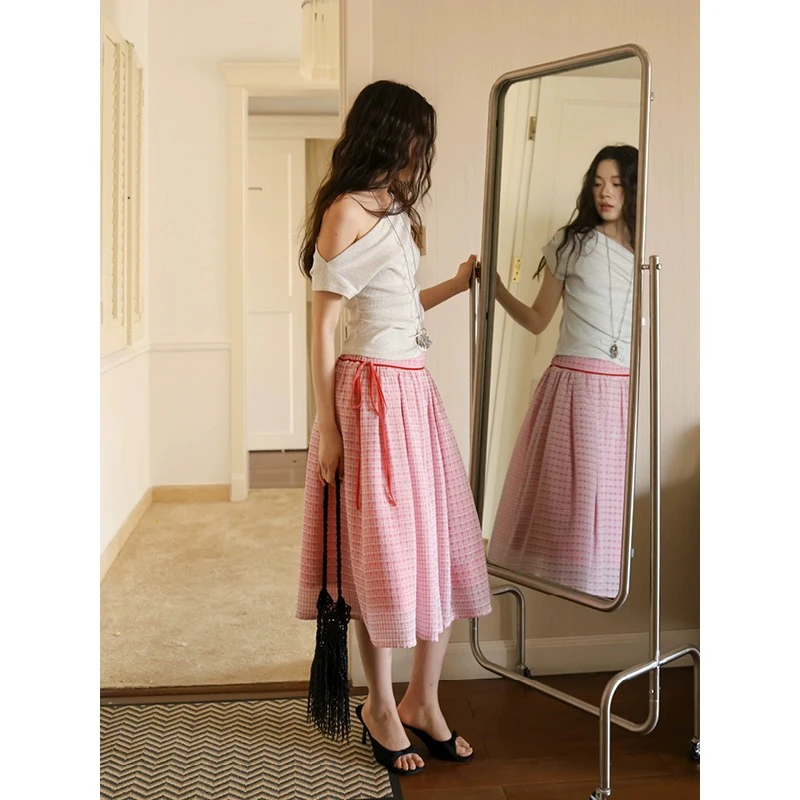 半透提花格纹面料松紧腰格纹中长款蓬蓬半裙