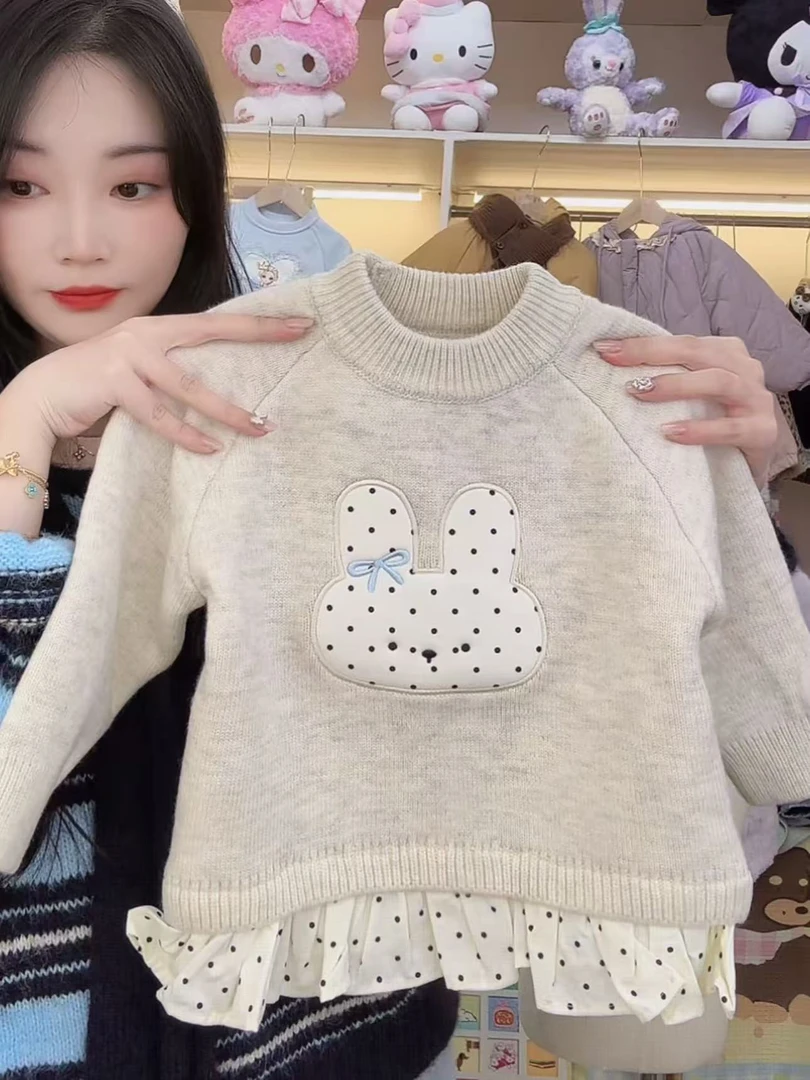 【谷谷家】灰色波点兔加绒套头毛衣
