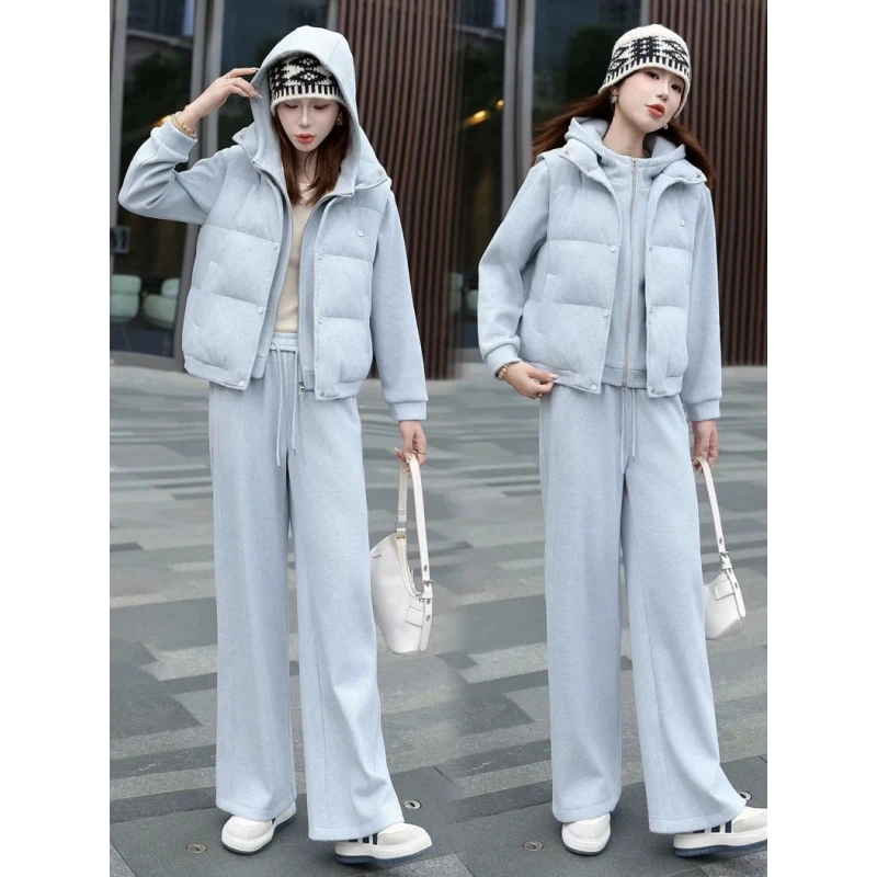 羽绒马甲+外套+厚裤子三件套2025冬时尚新款运动加厚保暖棉衣套装