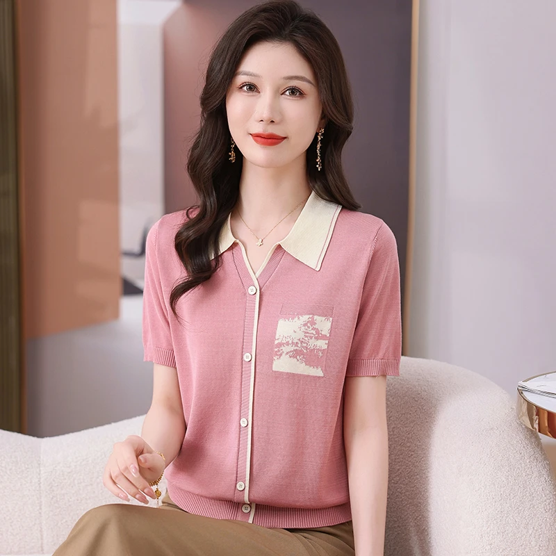 夏季冰凉POLO领上衣女中年薄款T恤女洋气宽松显瘦短袖翻领假开衫