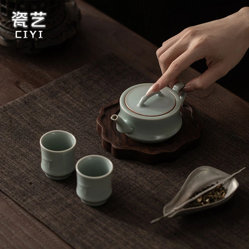 天青汝窑茶具套装家用一壶二杯中式功夫竹节壶茶杯节日伴手礼简约