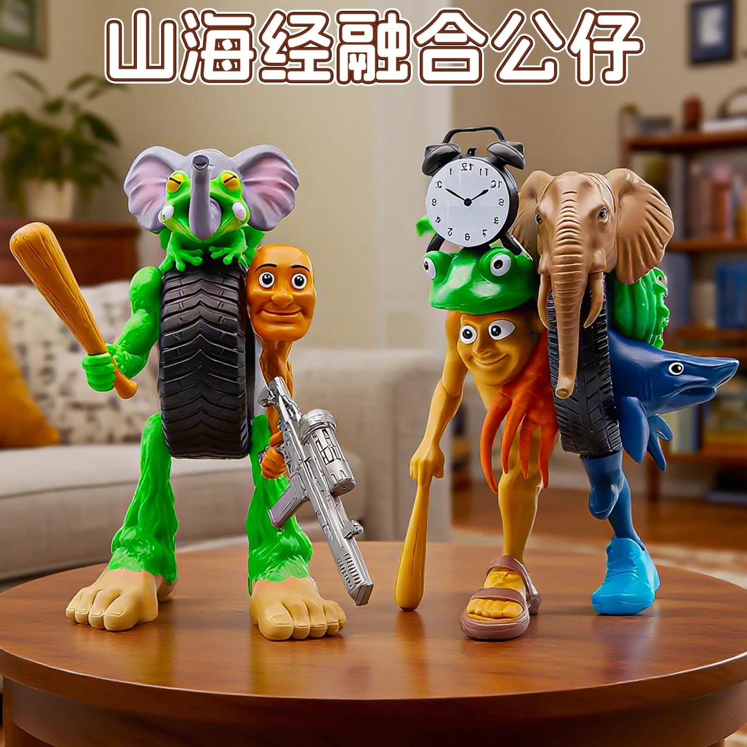 ai外国山海经木棍人融合怪美国小学生神兽合体玩具手办轮胎蛙拼装