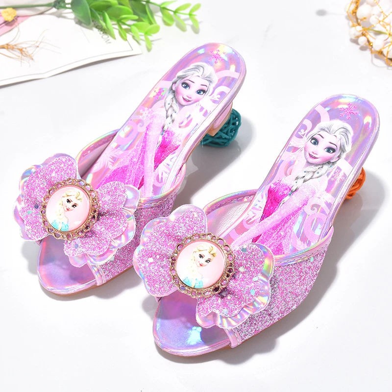 儿童拖鞋冰雪奇缘公主水晶凉拖小女孩蝴蝶结一字拖夏季女童高跟鞋