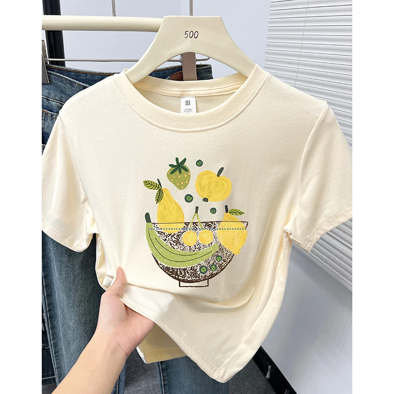 设计感小众圆领正肩短袖T恤女夏季2025新款韩版时尚印花显瘦上衣