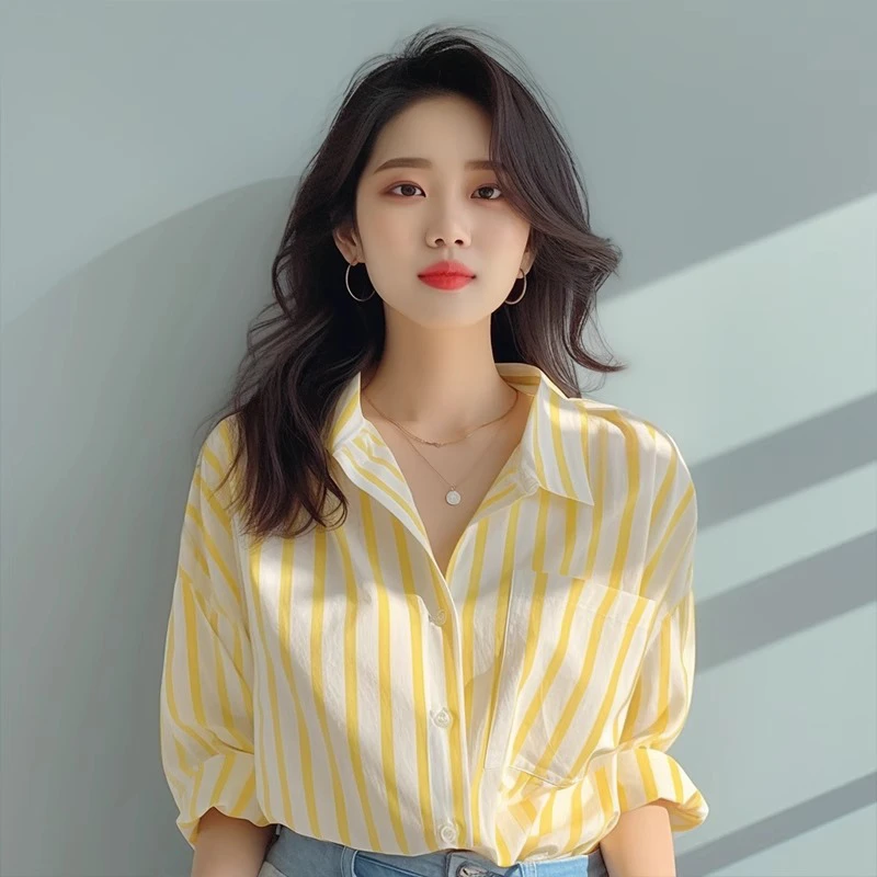 黄白色竖条纹衬衫女2025早春新款衬衣欧货洋气小衫爆款海边防晒衫