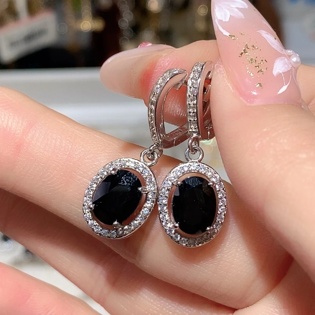 耳饰蓝宝石银S925镶嵌淼***水天然蓝宝石