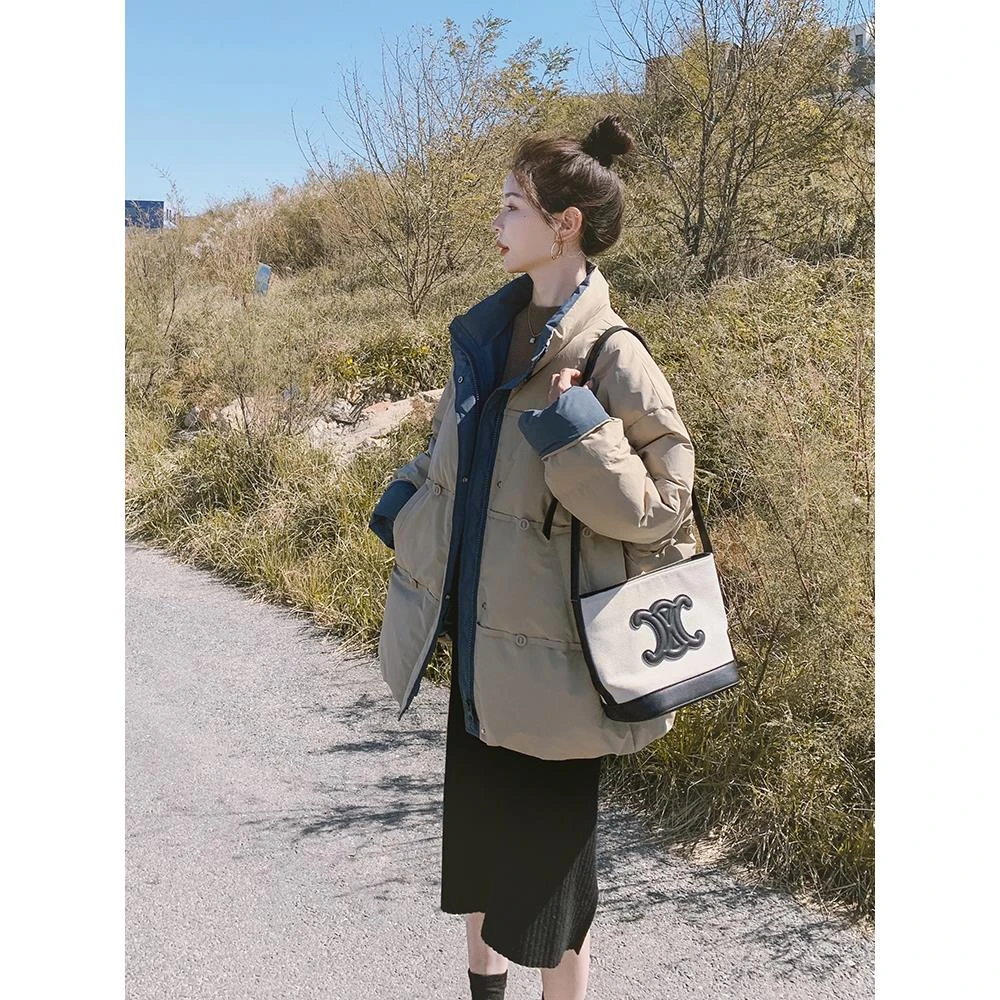 亮秋世羽嘉兴平湖羽绒服反季清仓港风撞色黑色短款羽绒服女冬今年