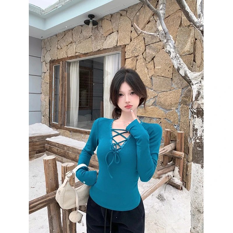 人棉加绒v领T恤女秋冬花边内搭打底衫设计感系带短款辣妹上衣