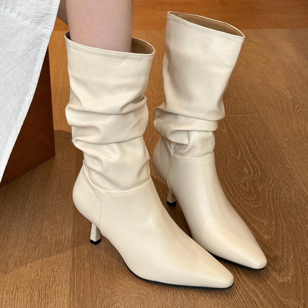 elingstudio 韩剧姐姐！气质白尖头皱褶高跟短靴女秋季黑色堆堆靴
