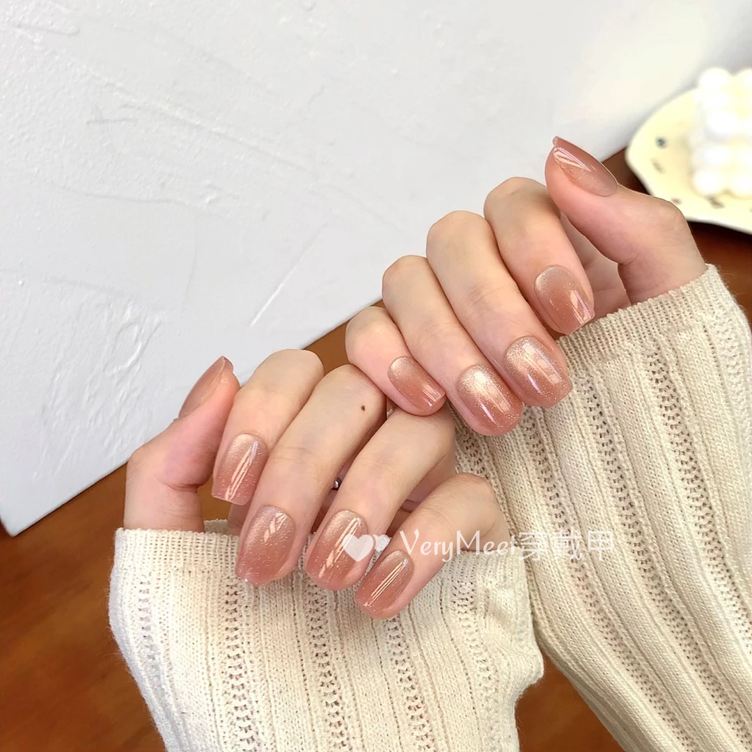 VERY MEET蜜桃粉玻璃珠猫眼渐变裸色温柔高级显白美短方美甲贴112