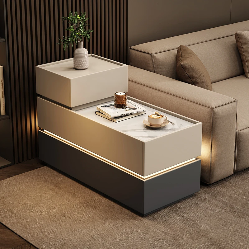 意式极简沙发岩板边柜新款客厅窄小型侧边实木茶几带抽屉茶水柜桌