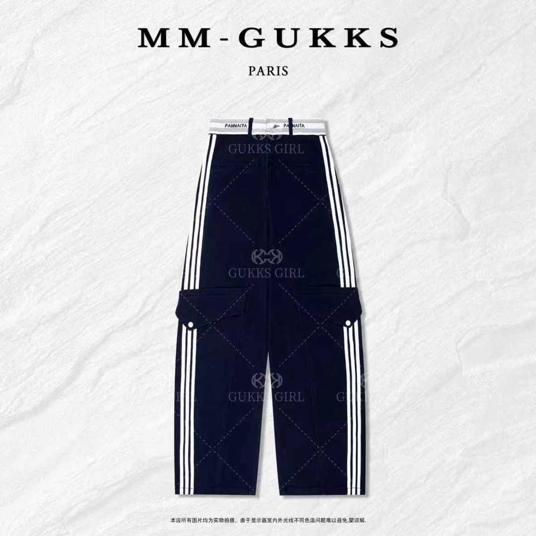 明明GUKKS//秋款2025拼接设计腰头条纹显瘦时尚休闲牛仔裤K1801