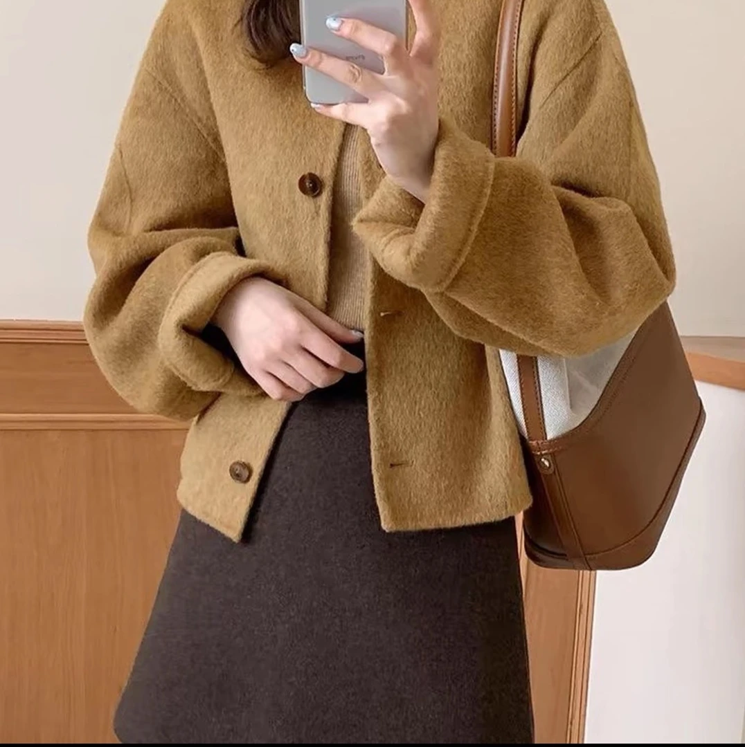 韩版小香风双面羊毛大衣女短款小个子2025年新款毛呢外套8087